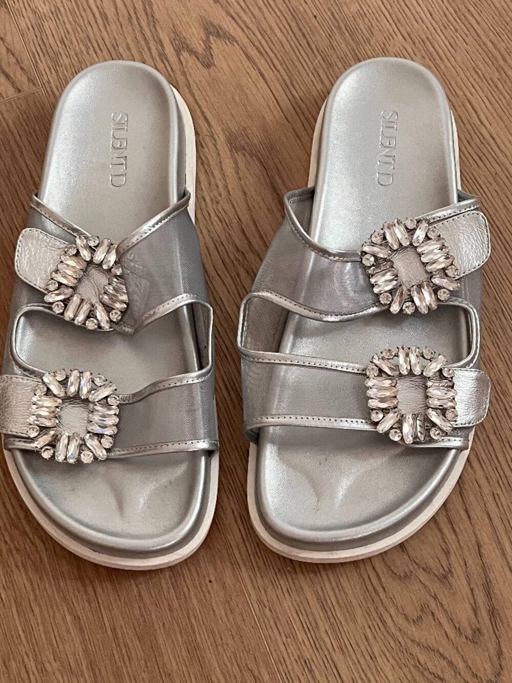SILENT D Silver Rhinestone Buckle Slide Sandals